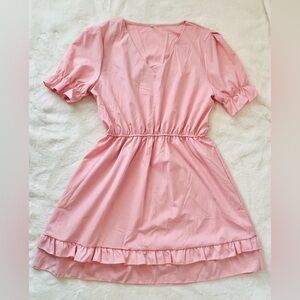 Women's Pink Sweet V Neck Short Sleeved Ruffle Mini Dress